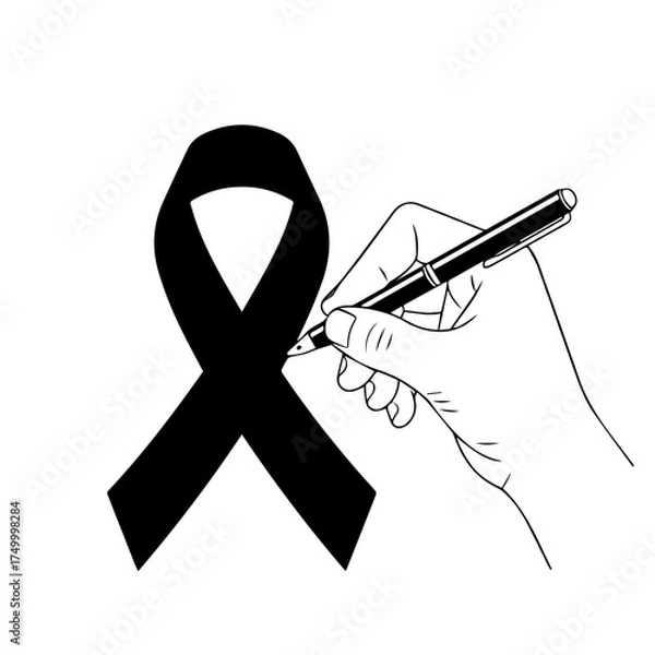 Fototapeta Black Ribbon Symbolizing Grief and Mourning Alongside Hand Holding Pen.