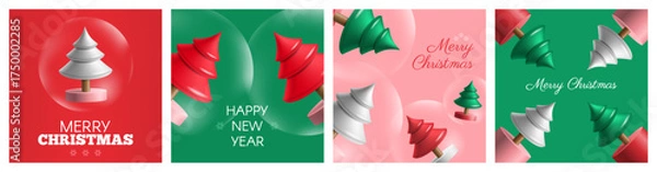 Fototapeta merry christmas  and happy new year square greeting cards banners set with 3d christmas trees glass balls vector illustration