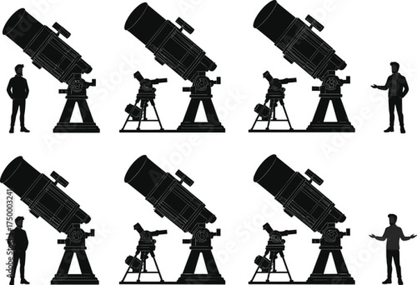 Fototapeta Silhouette telescope observation, astronomy science equipment, people stargazing, cad drawing flat vector illustration, night sky exploration, tripod mounted optical instruments