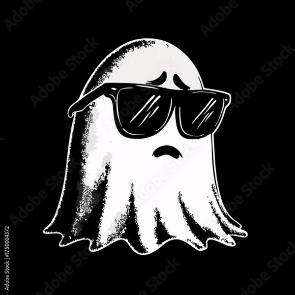 Fototapeta Cool and melancholic cartoon ghost wearing stylish sunglasses, floating with a subtle sad expression. Spooky yet charming illustration.
