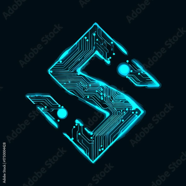Fototapeta Neon glowing letter S made of circuit board lines on a dark background. Futuristic technology concept with digital abstract design.