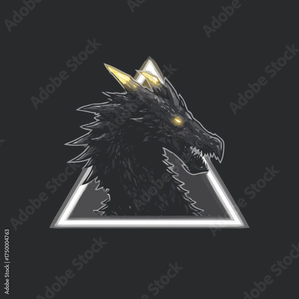 Fototapeta Powerful dark fantasy dragon head emblem with glowing eyes and sharp scales, framed by a striking triangle.