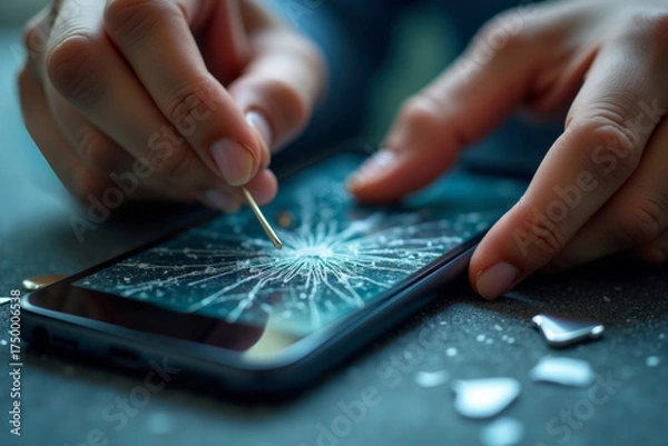 Obraz Precision Work: Hand Carefully Weaving Wire Through Shattered Phone Screen