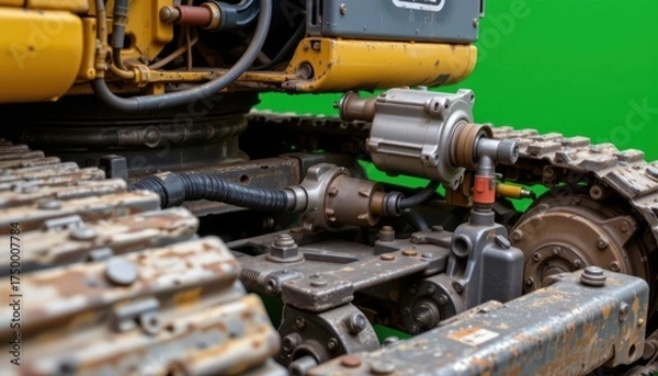 Fototapeta Detailed View of an Industrial Excavator Engine Mechanism with Hydraulic Components and Tracks