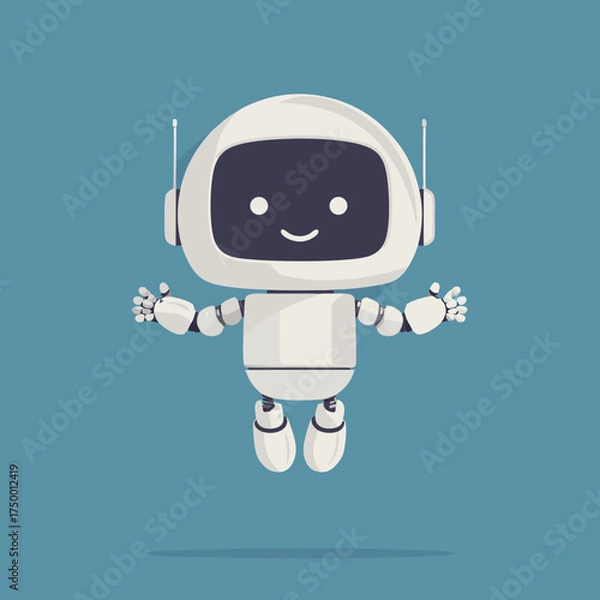 Fototapeta Adorable white cartoon robot character floating with open arms. Friendly artificial intelligence assistant illustration, technology concept.