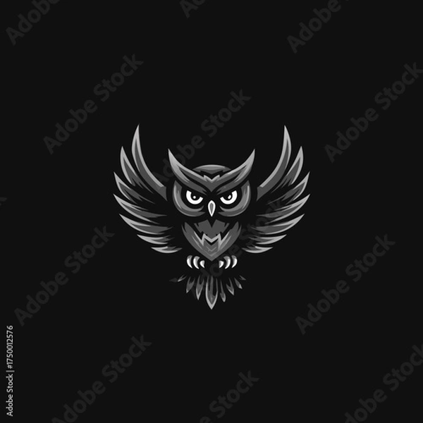 Fototapeta Powerful Grayscale Owl Illustration with Wings Spread, Elegant Nocturnal Predator Art Design on Dark Background