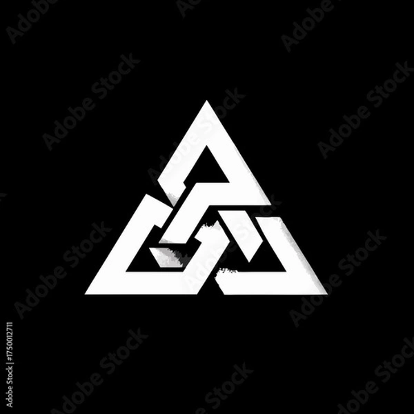 Fototapeta Abstract geometric interlocking triangle symbol, white on black background. Modern minimalist design element, icon, or logo concept.