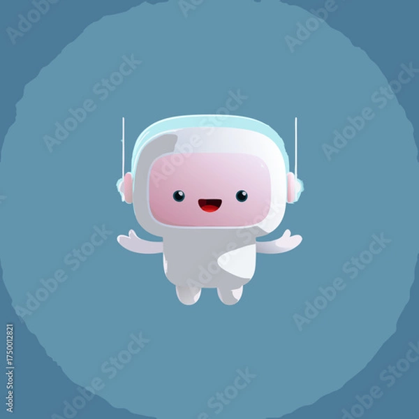 Fototapeta Cute, friendly robot character illustration. Adorable AI assistant with a happy smile, representing digital technology and innovation.