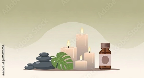 Obraz Relaxing Spa Scene with Candles Essential Oils and Stones