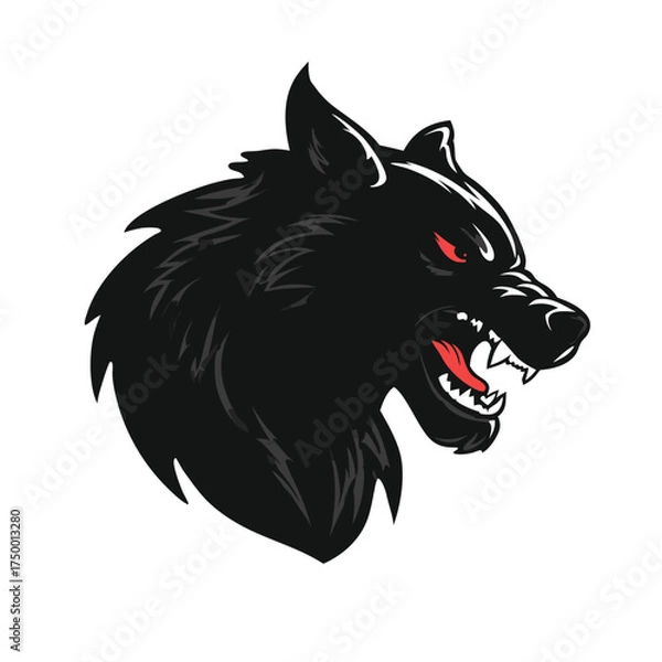 Fototapeta Intense black wolf head vector illustration with glowing red eyes and bared fangs, aggressive wild animal design