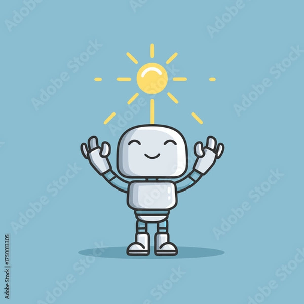 Fototapeta Cheerful robot basking in warm sun energy, meditating peacefully. Happy AI character illustration symbolizing positive technology, future, and zen.
