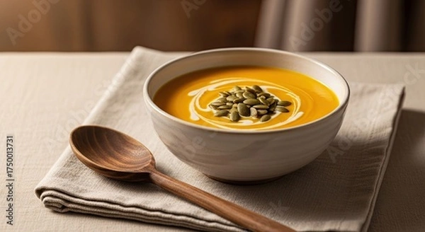 Obraz Creamy Autumn Harvest Butternut Squash Soup Garnished with Pumpkin Seeds
