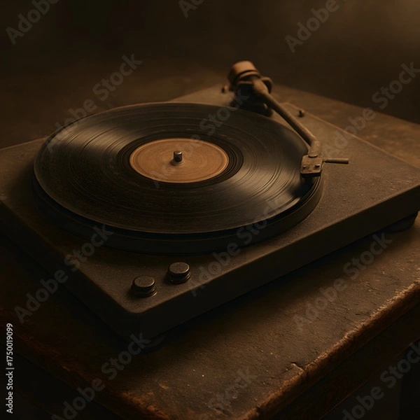 Fototapeta Vintage Vinyl: A classic turntable sits gracefully, its needle poised above a timeless vinyl record. The scene evokes a sense of nostalgia and a love for analog music.
