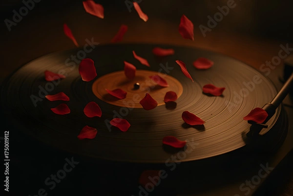 Fototapeta Petal Melody: The nostalgic charm of a vintage vinyl record is intertwined with the delicate beauty of red rose petals in mid-air. It's a scene of romance and sound, a moment of beauty captured.