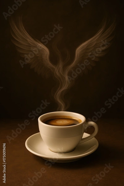 Fototapeta Coffee Cup Phoenix: A steaming cup of coffee, where the rising steam artfully shapes the wings of a phoenix against a dark backdrop. It symbolizes energy and rebirth.