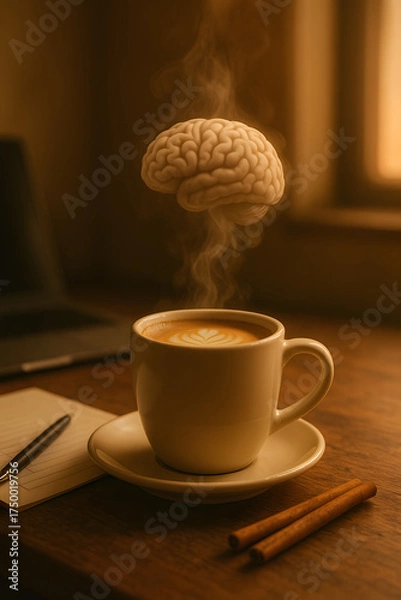 Fototapeta Coffee Fuel for Thought: Steam rises gracefully from a cup of freshly brewed coffee, with a human brain hovering above, symbolizing the boost in focus and creativity.