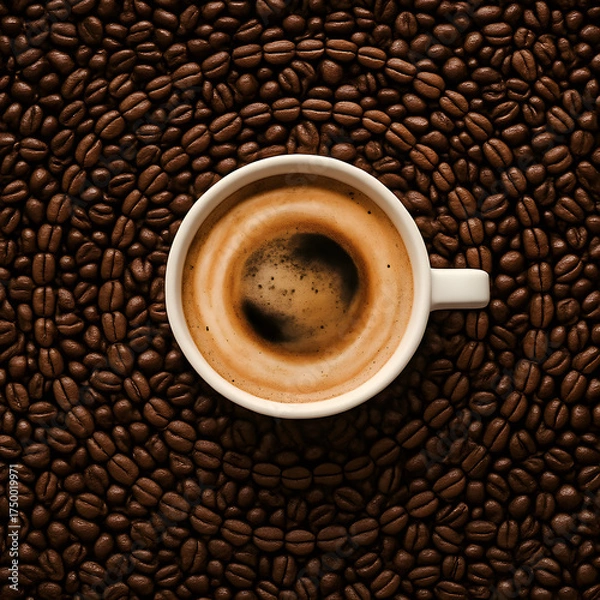 Fototapeta Morning Coffee Ritual: A pristine white mug brimming with rich, aromatic coffee, nestled within a mesmerizing arrangement of roasted coffee beans. A visual symphony of flavors.