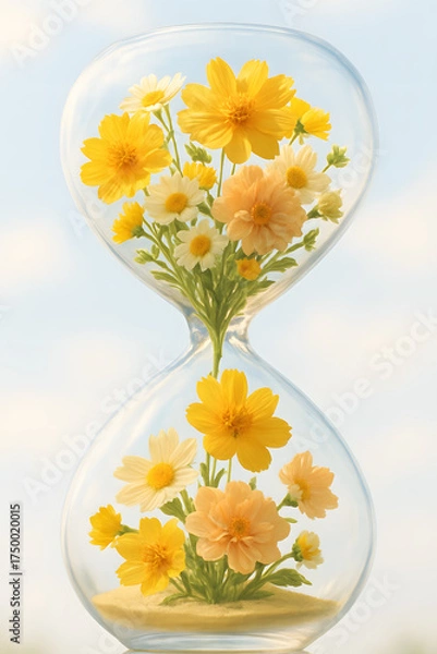 Fototapeta Blooming Time: An hourglass filled with a vibrant bouquet of delicate yellow flowers, symbolizing the preciousness of time, growth, and the beauty of fleeting moments. 