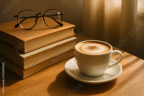 Fototapeta Cozy Corner: A still life of books, spectacles, and a latte, bathed in natural light, inviting contemplation and relaxation.