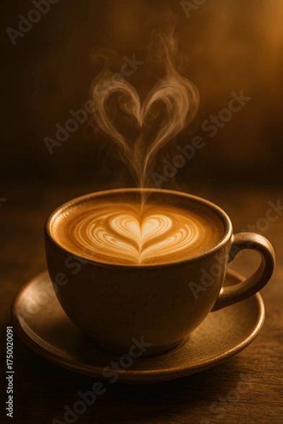 Fototapeta Steaming Coffee Love: A warm cup of coffee with latte art in the shape of a heart, releasing gentle steam that floats into the air. The cup sits on a matching saucer.