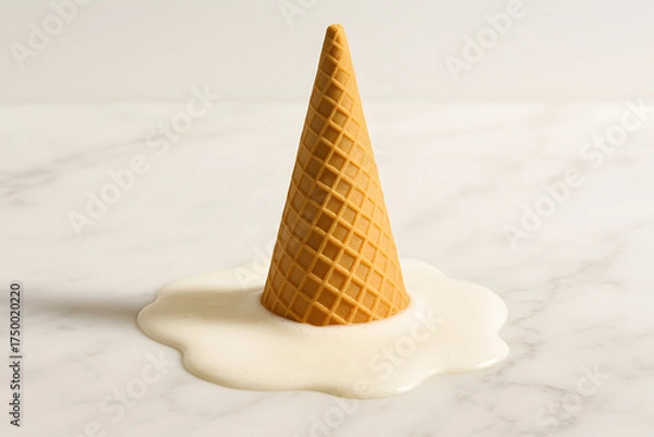 Fototapeta Melted Ice Cream Cone: An upturned ice cream cone sits sadly beside a puddle of melted ice cream, evoking a sense of disappointment, loss, and the fleeting nature of simple pleasures.