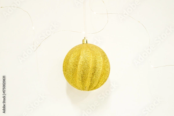 Fototapeta Single Shiny Gold Glitter Christmas Bauble Hanging on a Thin Wire Against a White Background. Isolated