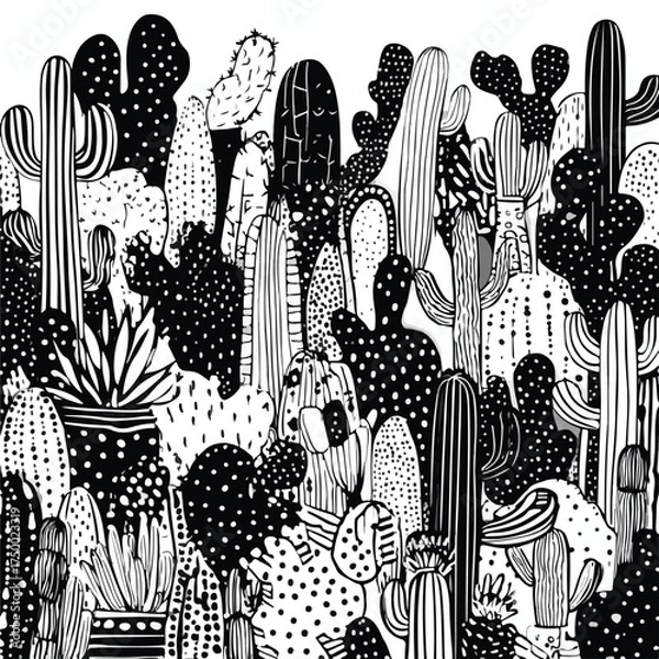 Fototapeta Monochrome cactus doodle patterns variation