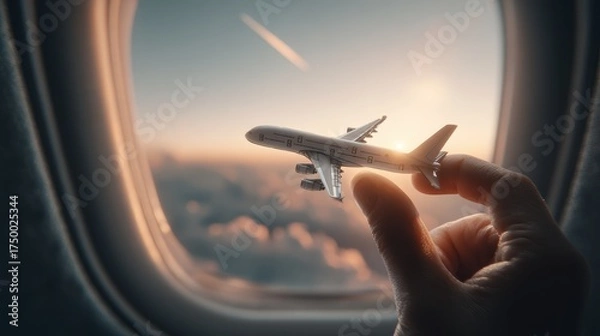 Fototapeta Hand holding a miniature airplane model near airplane window, showcasing clouds and sunset, symbolizing travel and adventure in aviation