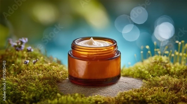 Fototapeta Moisturizing cream in amber jar placed on stone surrounded by lush green moss and soft bokeh background, showcasing natural skincare product
