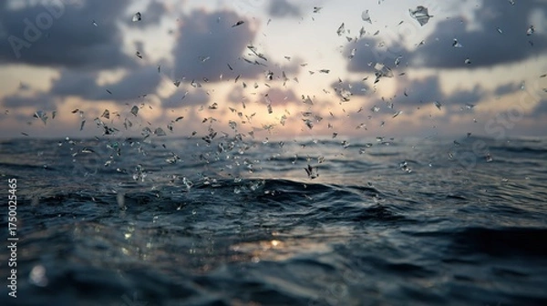 Fototapeta Water droplets splashing on ocean surface at sunset, creating a mesmerizing display of reflections and textures in a serene coastal environment