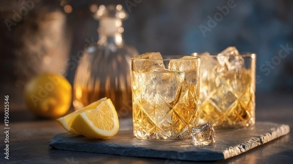 Fototapeta Refreshing whiskey cocktails served in elegant glasses with ice and lemon, showcasing a sophisticated drink experience in a stylish setting