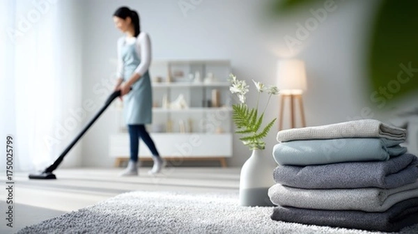 Fototapeta Woman vacuuming a modern living room with neatly stacked towels and decorative plant, showcasing cleanliness and home care in a bright environment