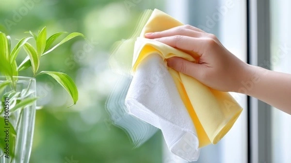 Fototapeta Hand is cleaning window with yellow and white cloth, surrounded by green plants, showcasing the importance of cleanliness and home maintenance