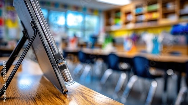 Fototapeta Tablet on wooden desk in classroom setting, showcasing educational tools and vibrant learning environment with blurred student desks in background