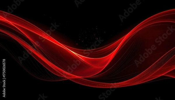 Fototapeta A vibrant, flowing red luminous wave pattern against a stark, black background