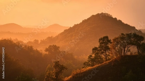 Fototapeta Serene landscape at sunset with rolling hills and silhouetted trees creating a tranquil atmosphere in nature's golden hour light