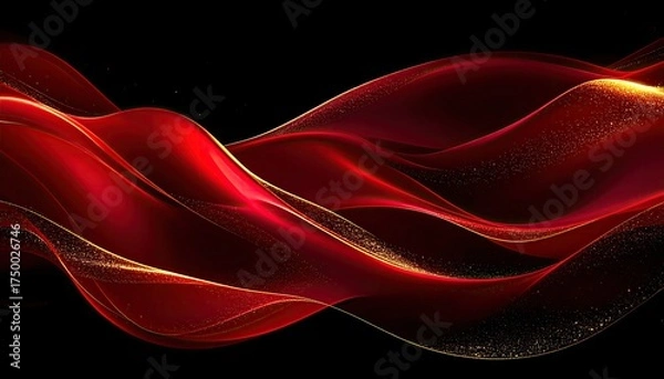 Obraz Red and gold flowing ribbons on a black background, glittering and luminous