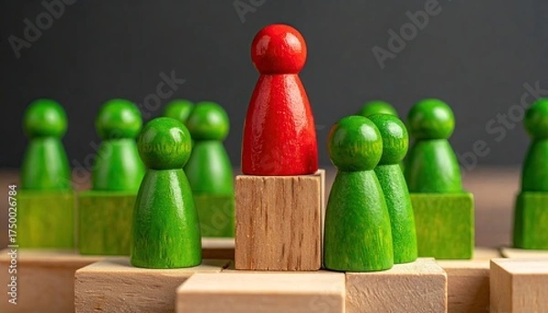 Obraz Wooden figurines depicting leadership, with one red figure atop a wooden block