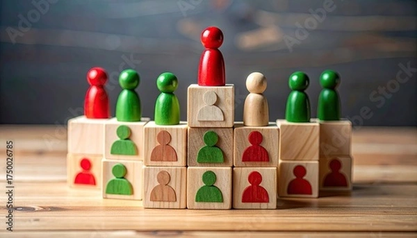 Obraz Wooden block figures depicting hierarchy and teamwork, positioned on a wood surface