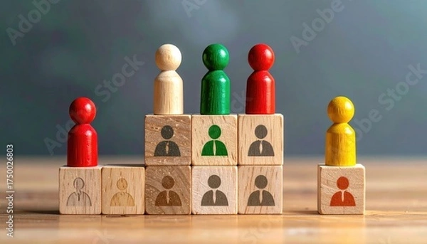 Obraz Wooden figures on blocks symbolizing hierarchy, teamwork, and diversity in business