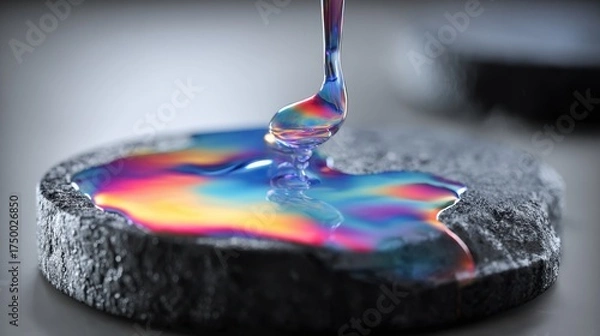 Fototapeta Colorful liquid resin is being poured onto a textured black surface, creating a vibrant abstract design with mesmerizing patterns and reflections