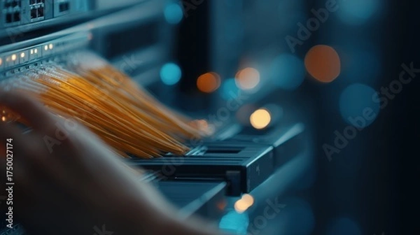 Fototapeta Close-up of a hand connecting fiber optic cables in a server room, illuminated by soft blue and orange lights, showcasing advanced technology and data connectivity
