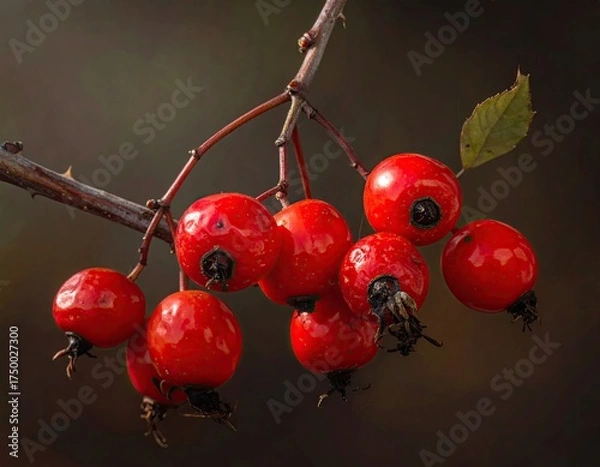 Obraz Group of bright red berries, with a single leaf, against a blurry background