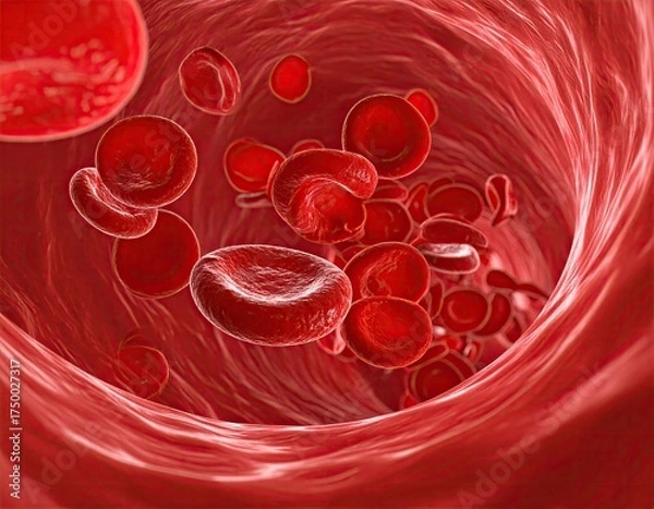 Obraz Close-up rendered illustration of red blood cells moving through a vessel