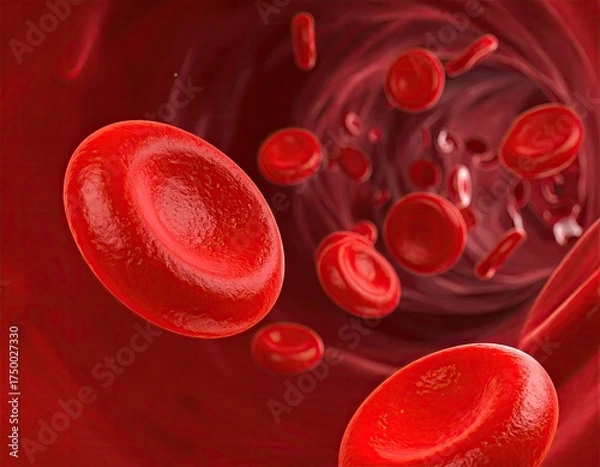 Obraz Highly detailed close-up view of red blood cells flowing through a vessel