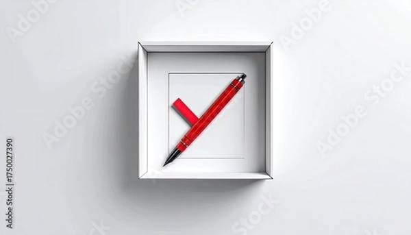 Obraz Red pen angled across white box and square on a white surface, shadow present