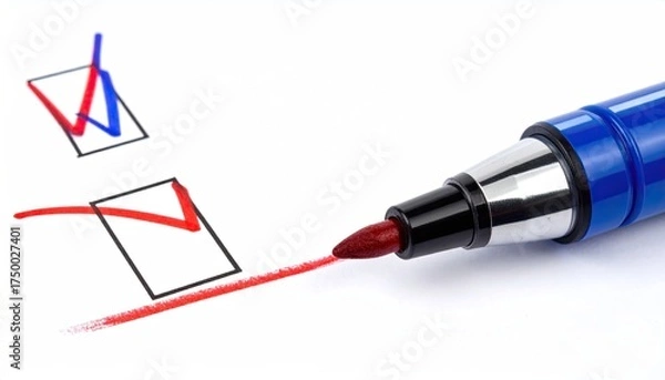 Obraz Pen beside marked boxes on white, choosing between options, decision-making