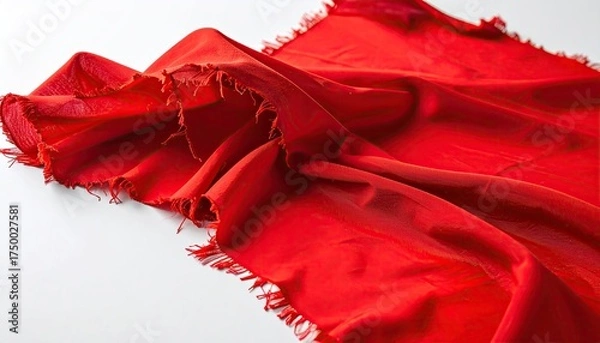 Obraz Vivid red fabric piece, rippled texture, torn edges, angled on white surface