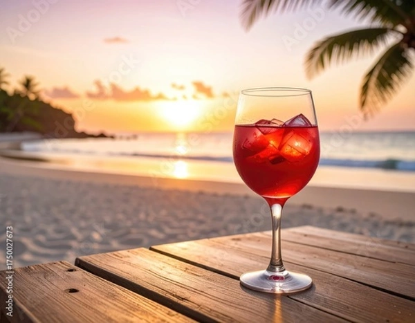 Obraz Glass of red beverage with ice on a beach at sunset, with palm fronds