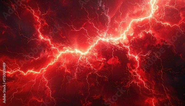 Obraz Intense red lightning bolts illuminate swirling clouds, creating a dramatic, fiery display